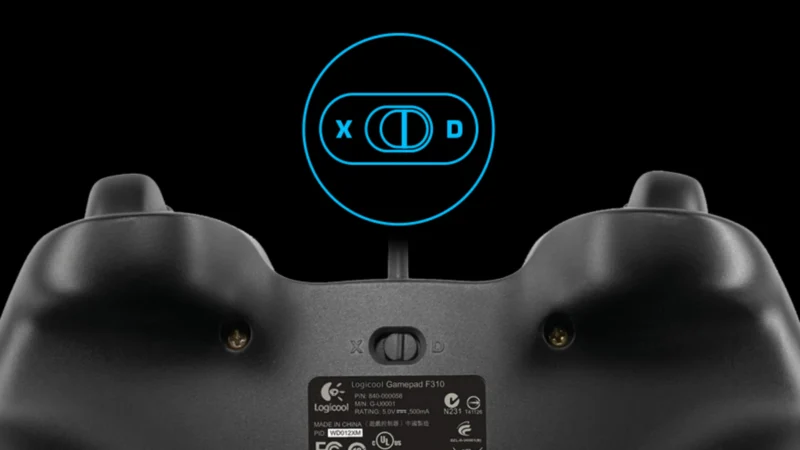 Xinput/DirectInput(X/D)切り替えスイッチの例。機種により位置・表記は異なる