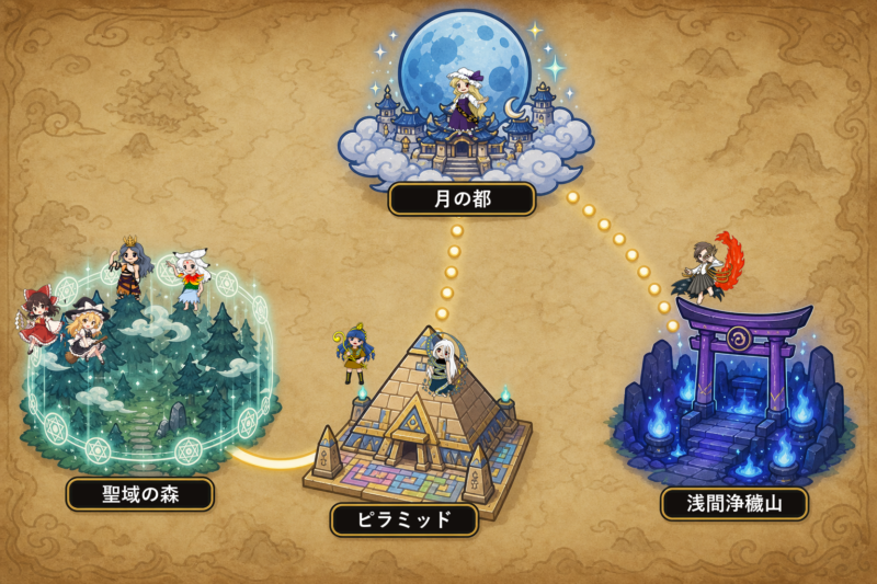 東方錦上京のストーリールート図（聖域の森・ピラミッド・月の都・浅間浄穢山）