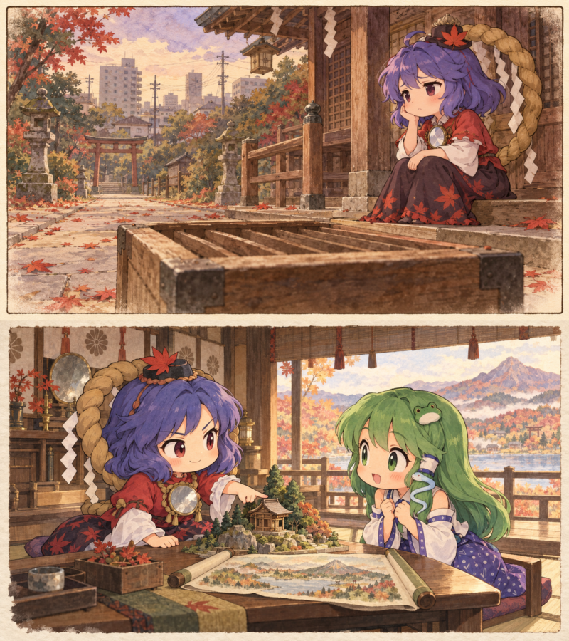 信仰の衰退に悩む神奈子と、早苗に幻想郷への移住計画を話す神奈子