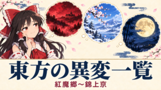 過去の異変を思い出す霊夢と、紅い霧・雪と桜・満月を描いた丸い吹き出し。「東方の異変一覧 紅魔郷〜錦上京」の文字