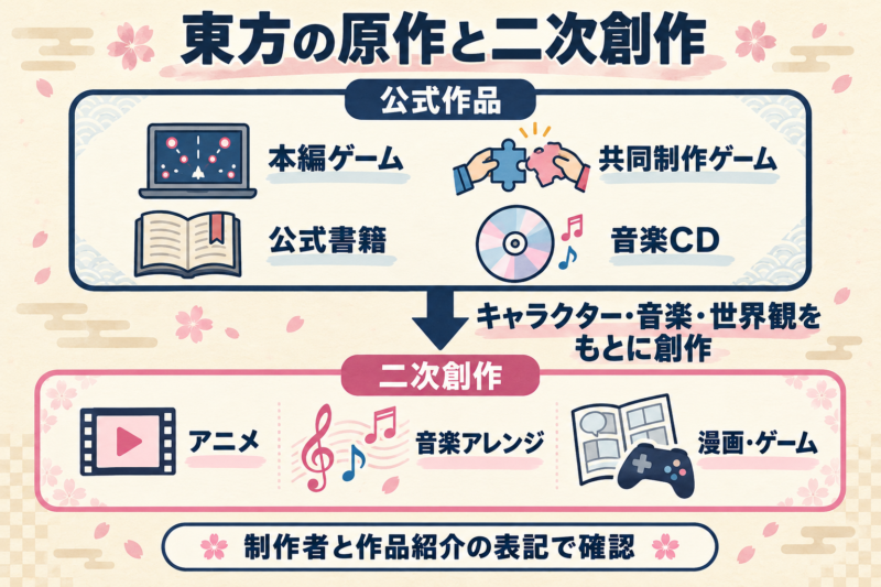 公式作品をもとに、ファンがアニメや音楽アレンジ、漫画、ゲームなどの二次創作を作る関係図