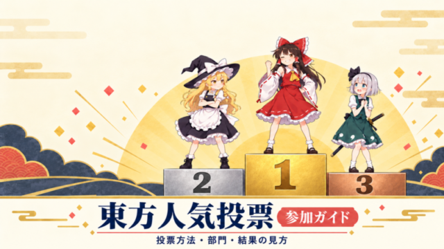 表彰台で得意げな霊夢、悔しげな魔理沙、喜ぶ妖夢。下部に「東方人気投票 参加ガイド」の見出し。順位はイメージ。