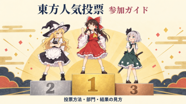 霊夢・魔理沙・妖夢が表彰台で異なる表情を見せる人気投票のイメージと、東方人気投票 参加ガイドの文字